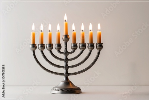 A traditional Jewish Hanukkah menorah, a candlestick with 9 branches, with a gentle, soft flame emitting a warm glow, on a thin creamy white background that provides enough space to copy the design an