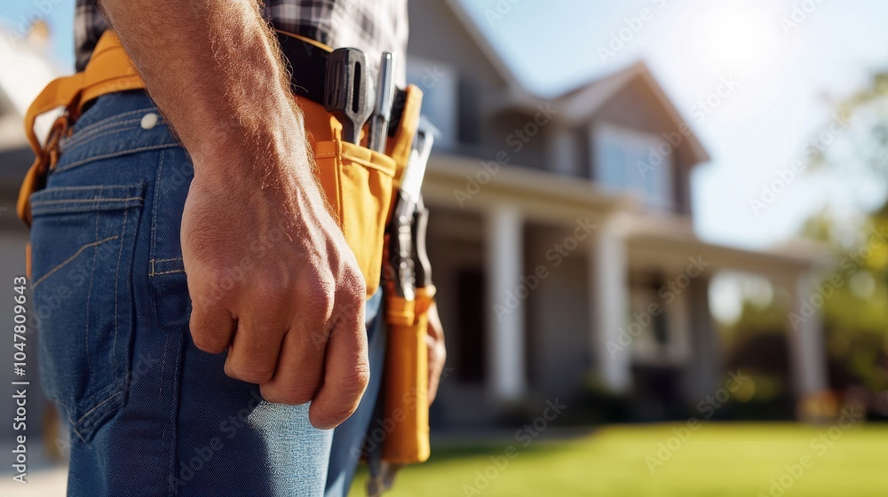 A close-up shot of a worker's hand and tool belt, expressing readiness and dedication, as sunlight bathes the front yard of a stylish suburban house in the background. A close-up shot of a worker's hand and tool belt, expressing readiness and dedication, as sunlight bathes the front yard of a stylish suburban house in the background.