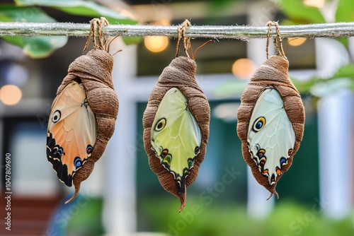 Three Butterfly Chrysalises Hanging on a Branch Metamorphosis Insect Nature photo