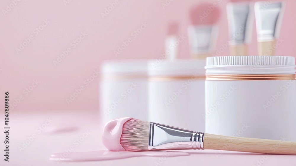Artistic flat lay with paint cans, dripping brushes, and cloth on a light canvas background, elegant space for text in the middle Artistic flat lay with paint cans, dripping brushes, and cloth on a light canvas background, elegant space for text in the middle