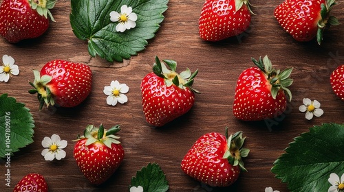 Artistic flat lay of ripe strawberries on a pastel pink background, vibrant color contrast