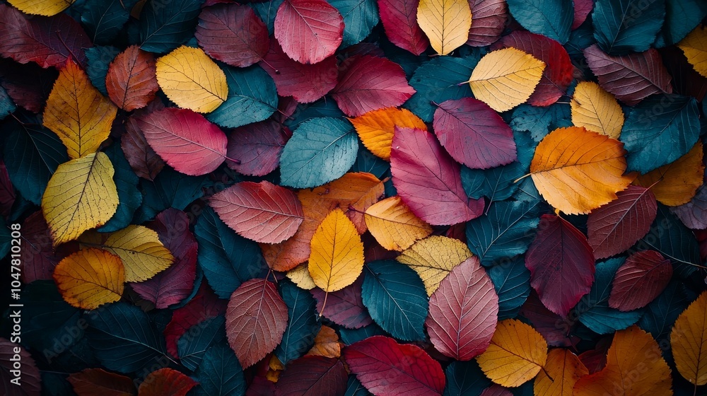 Autumn leaves scattered in an organic, chaotic arrangement, viewed from above, emphasizing natural beauty and seasonal color variations