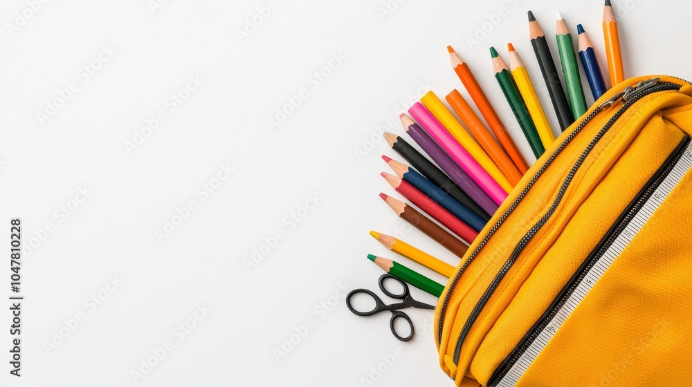Fototapeta premium Backpack with vibrant stationery including crayons, rulers, and scissors, white background, neatly packed school essentials, fresh and minimal educational concept