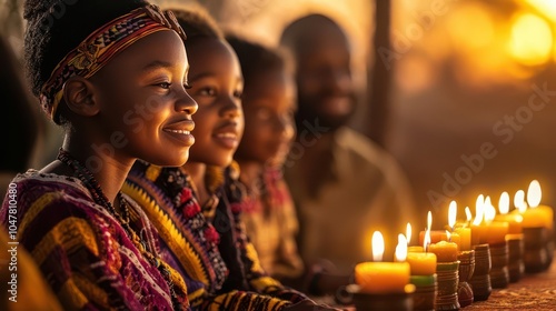 Kwanzaa ceremony with a kinara and family gathered in traditional attire, Cultural, Warm Colors, Detailed