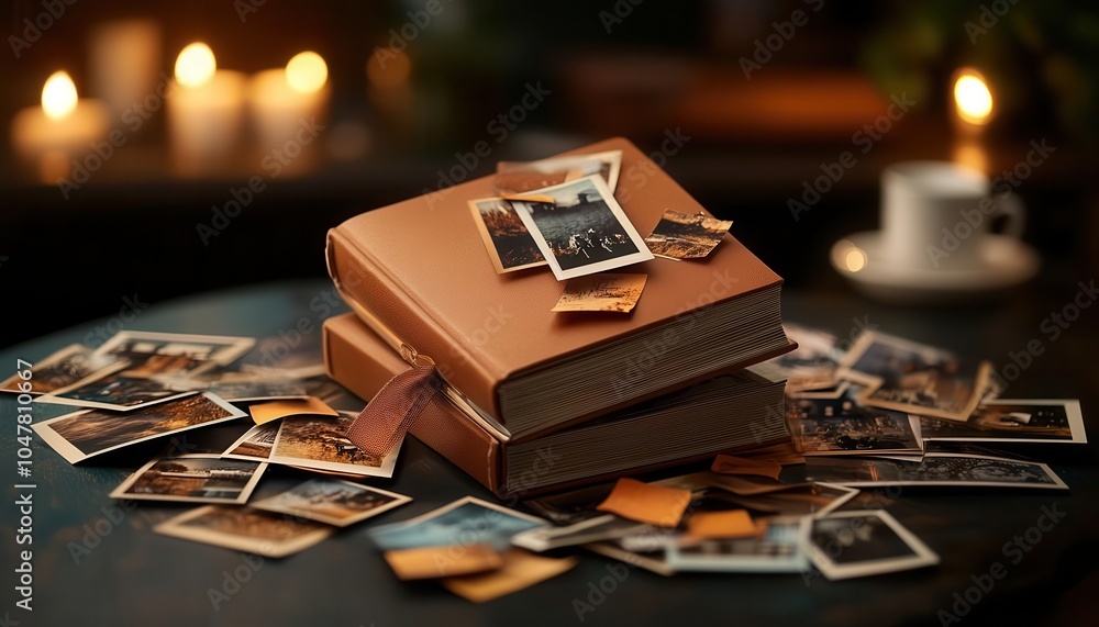 Memory album with photos being arranged on a table, nostalgic moments captured in soft light, Nostalgic, Warm Tones, Detailed Memory album with photos being arranged on a table, nostalgic moments captured in soft light, Nostalgic, Warm Tones, Detailed