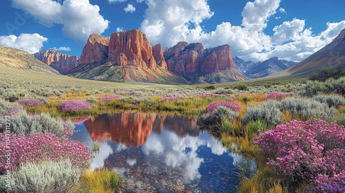 A vibrant landscape featuring mountains, flowers, and a reflective pond under a blue sky.