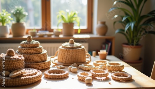 Handcrafted wicker baskets and potted plants on a wooden table, showcasing natural materials and eco-friendly home decor. Generative, AI,