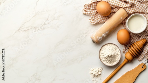 A beautifully arranged set of baking essentials including eggs, milk, flour, and a rolling pin, evoking a sense of preparation and anticipation in the kitchen. photo