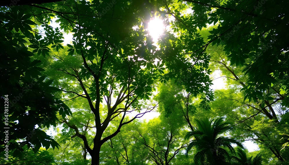 Fototapeta premium Lush green forest canopy with sun rays filtering through leaves created with generative AI