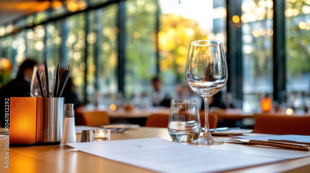 A modern restaurant table featuring a candle, glass water tumbler, and sleek stylings, exuding a cozy and elegant atmosphere perfect for dining. A modern restaurant table featuring a candle, glass water tumbler, and sleek stylings, exuding a cozy and elegant atmosphere perfect for dining.