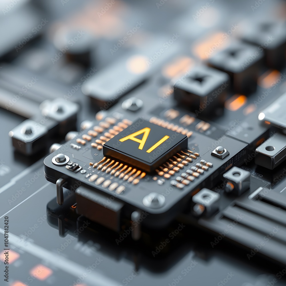 Close-up of a futuristic AI microchip on a reflective surface created with generative AI Close-up of a futuristic AI microchip on a reflective surface created with generative AI