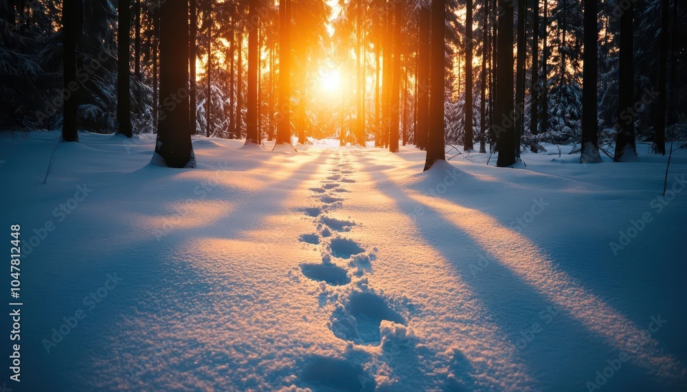 Winter hiking through a snow-covered forest, with footprints leading into the distance, Adventurous, Cool Colors, High Detail Winter hiking through a snow-covered forest, with footprints leading into the distance, Adventurous, Cool Colors, High Detail