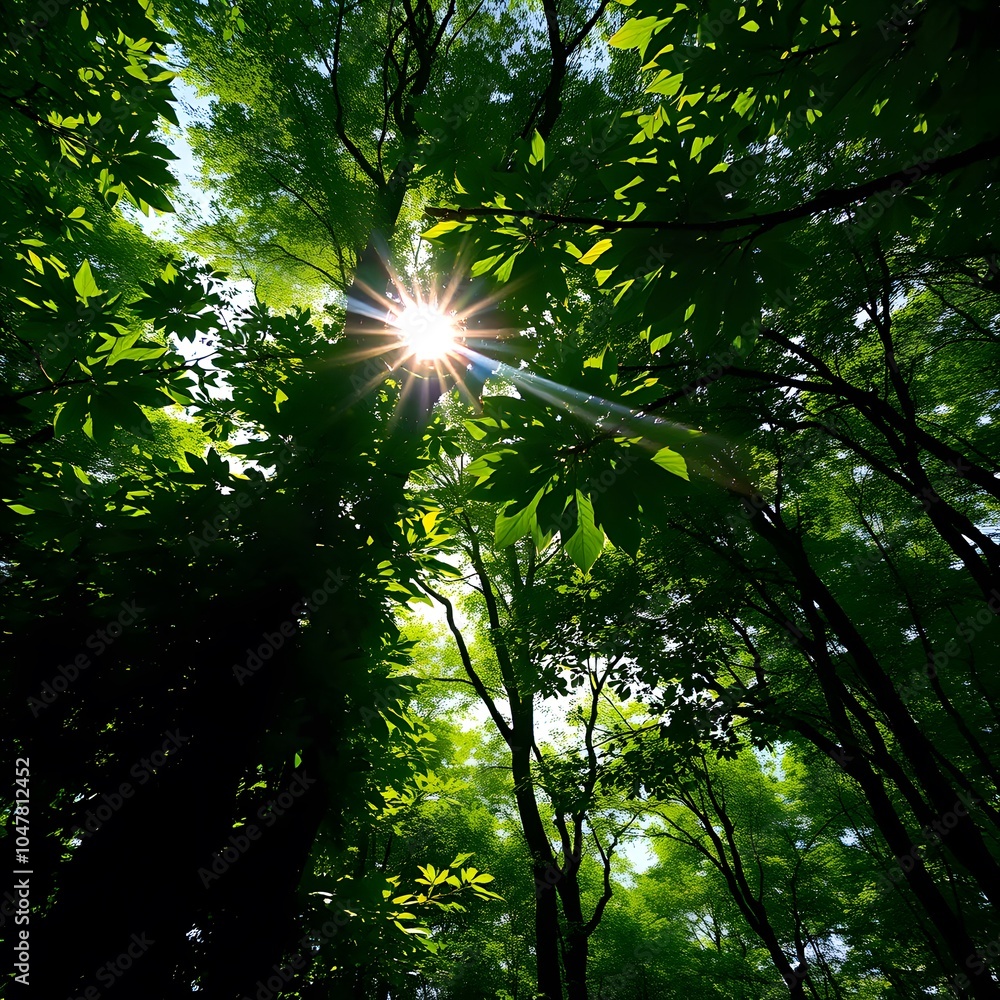Obraz premium Lush green forest canopy with sun rays filtering through leaves created with generative AI