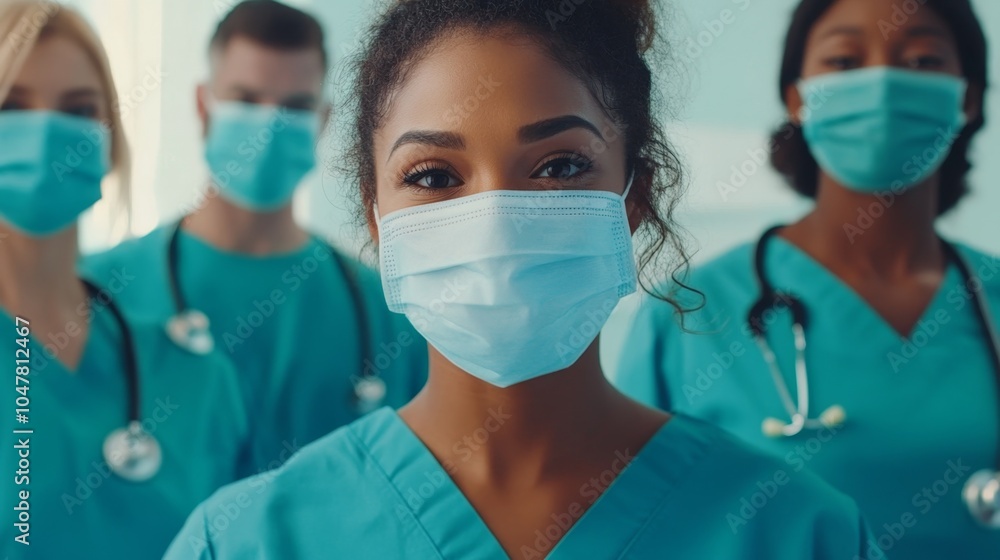 A diverse group of healthcare professionals wearing scrubs and masks stands confidently together, showcasing unity and dedication in the medical field, symbolizing teamwork in patient care and A diverse group of healthcare professionals wearing scrubs and masks stands confidently together, showcasing unity and dedication in the medical field, symbolizing teamwork in patient care and