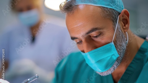 A skilled surgeon wearing a mask and scrubs, concentrating on performing a detailed and precise medical procedure in a modern surgical environment. photo