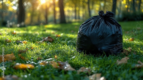 A black trash bag resting on the grass in a park