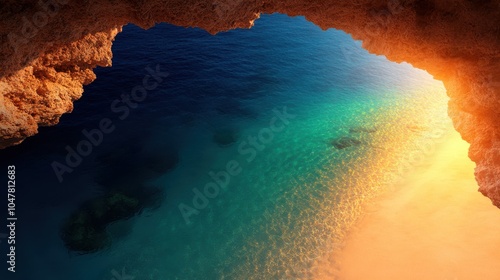 A stunning view from inside a cave, where the warm golden hues of a sunset illuminate the entrance, offering a breathtaking contrast with the clear blue sea beyond. photo