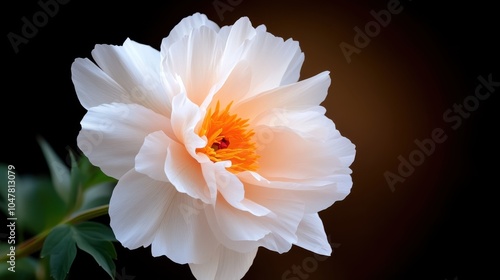 A close-up view of a stunning white flower with delicate petals and a vibrant orange center, captured against a rich dark backdrop, highlighting its elegance. photo