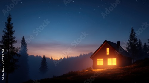 A quaint house stands brightly lit against an expansive early night sky, surrounded by a lush pine forest, evoking feelings of warmth in solitude. photo