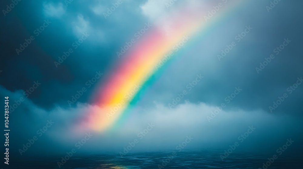 A lone rainbow piercing the thick, grey clouds of a rainy day, its vivid colors standing out as a symbol of beauty and promise in the stormy sky A lone rainbow piercing the thick, grey clouds of a rainy day, its vivid colors standing out as a symbol of beauty and promise in the stormy sky