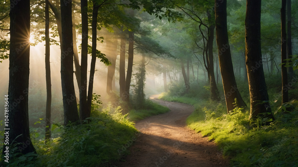 Fototapeta premium Tranquil Forest Path at Sunrise AI