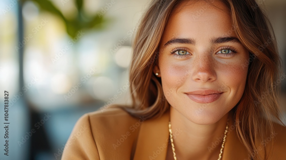 Close-up portrait of a smiling woman wearing a stylish tan outfit, capturing her glowing skin and joyful expression in a warmly lit setting. Close-up portrait of a smiling woman wearing a stylish tan outfit, capturing her glowing skin and joyful expression in a warmly lit setting.
