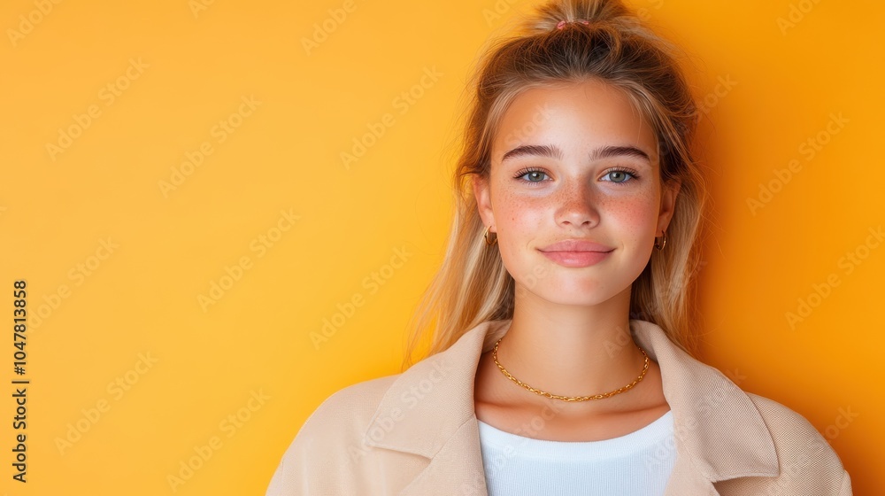 A young woman adorned with a simple gold necklace stands against a vibrant yellow backdrop, embodying youthful charm and casual elegance with a relaxed smile. A young woman adorned with a simple gold necklace stands against a vibrant yellow backdrop, embodying youthful charm and casual elegance with a relaxed smile.