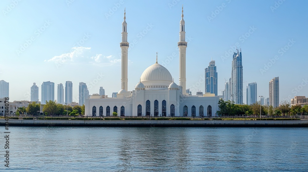 Naklejka premium A white mosque with two minarets stands on the waterfront, with a city skyline in the background.