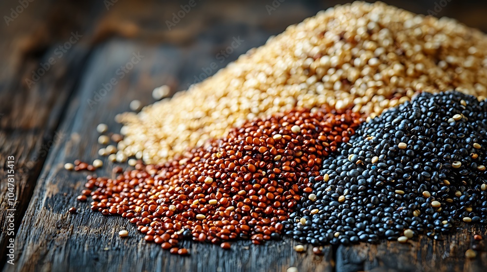 Three piles of quinoa white, red, and black quinoa, on a rustic wooden background. Three piles of quinoa white, red, and black quinoa, on a rustic wooden background.