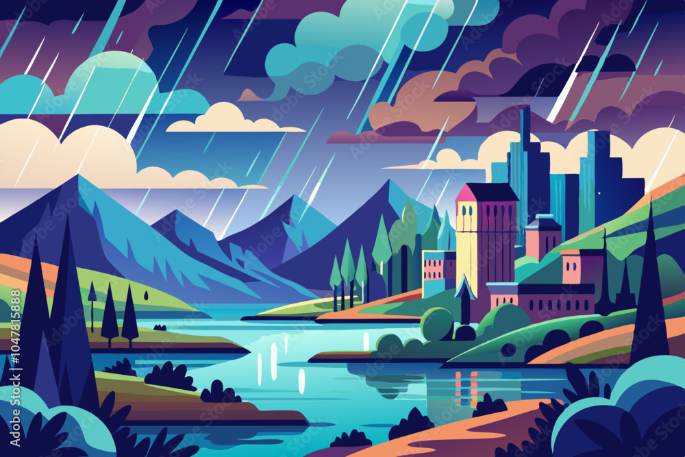eye catching image, such as a scenic landscape with monsoon rain or an urban view with rain effects , design must be solid color eye catching image, such as a scenic landscape with monsoon rain or an urban view with rain effects , design must be solid color