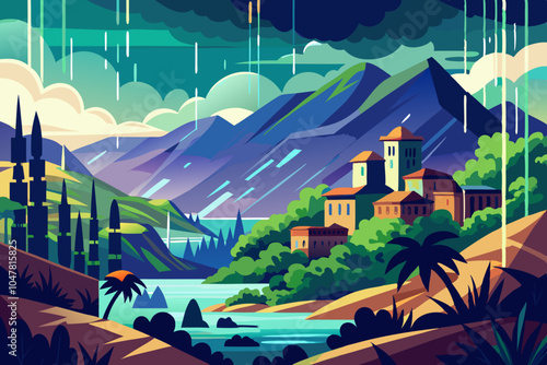  eye catching image, such as a scenic landscape with monsoon rain or an urban view with rain effects , design must be solid color