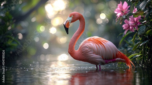 A vibrant pink flamingo stands gracefully in a serene water setting adorned with flowers.