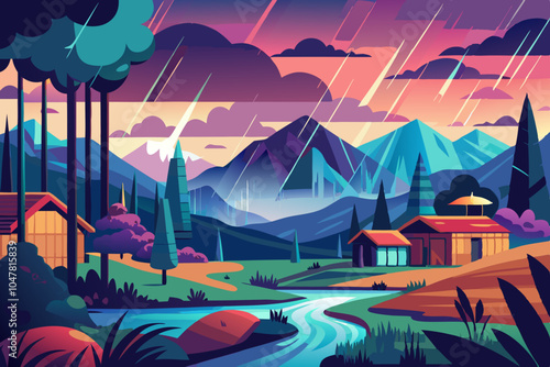  eye catching image, such as a scenic landscape with monsoon rain or an urban view with rain effects , design must be solid color