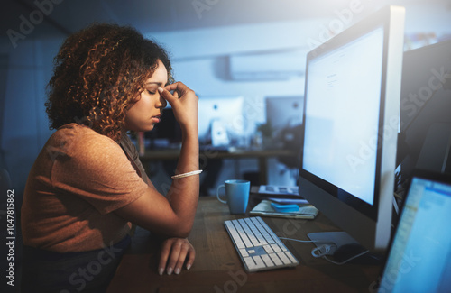 Slika na platnu Woman, computer and eye strain at night in office, pc glitch and anxiety for article deadline
