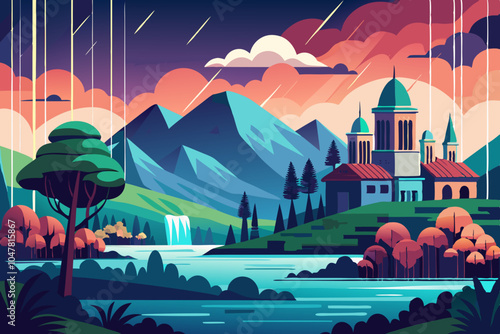  eye catching image, such as a scenic landscape with monsoon rain or an urban view with rain effects , design must be solid color