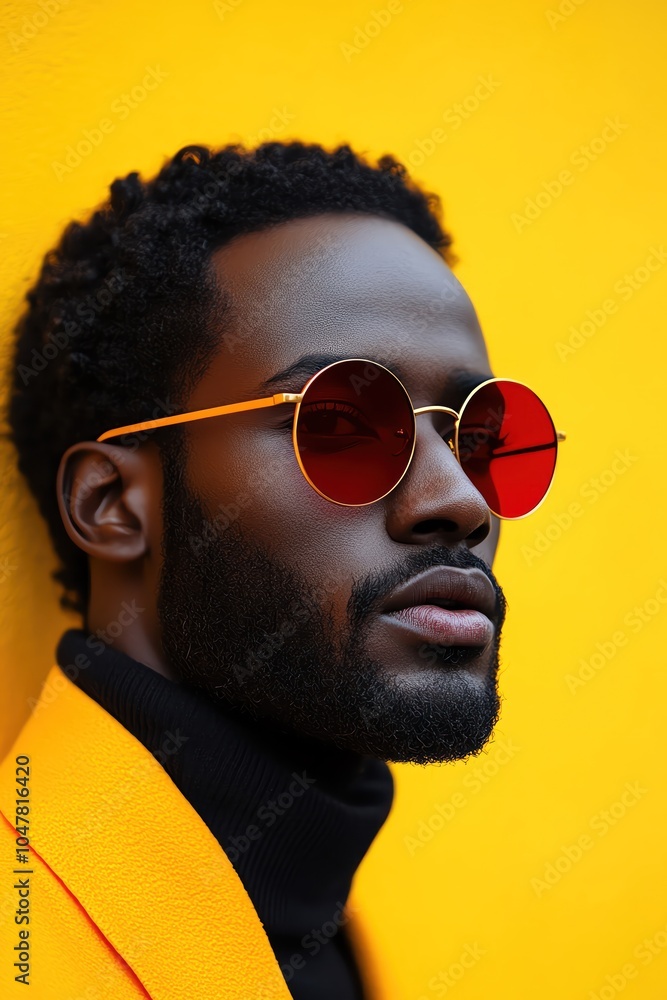 Fototapeta premium Man in bold yellow outfit, round redtinted sunglasses, monochromatic yellow background