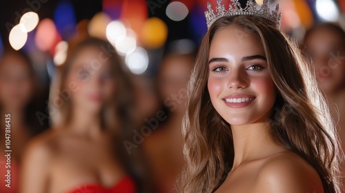 A young woman with a crown beams a joyful smile amid a colorful background of lights and people, capturing a sense of celebration and charisma.