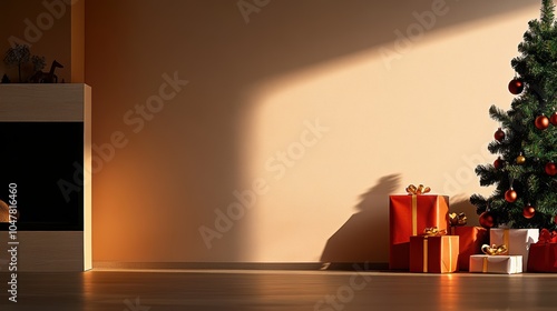 A minimalist holiday scene with a Christmas tree, several gifts neatly arranged on the floor, sunlight streaming through the window, and a warm neutral wall. photo