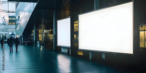 Clear Billboard in public place with blank copy space screen for advertising or promotional poster content, empty mock up Lightbox for information, blank display in station area with daylight