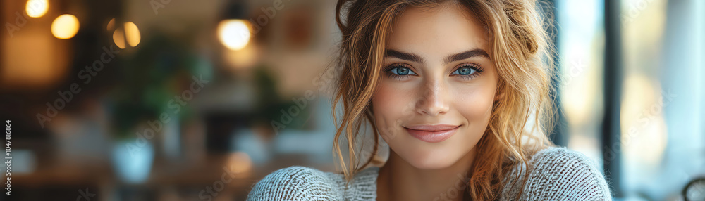 Smiling woman working on a laptop in a modern office, natural light from large windows Smiling woman working on a laptop in a modern office, natural light from large windows