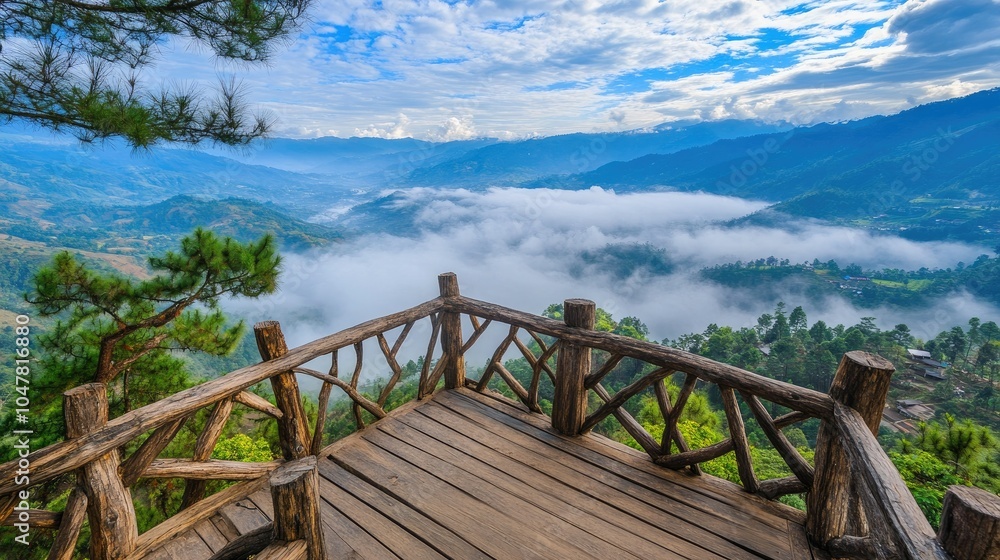 Fototapeta premium Scenic Mountain View from a Wooden Deck