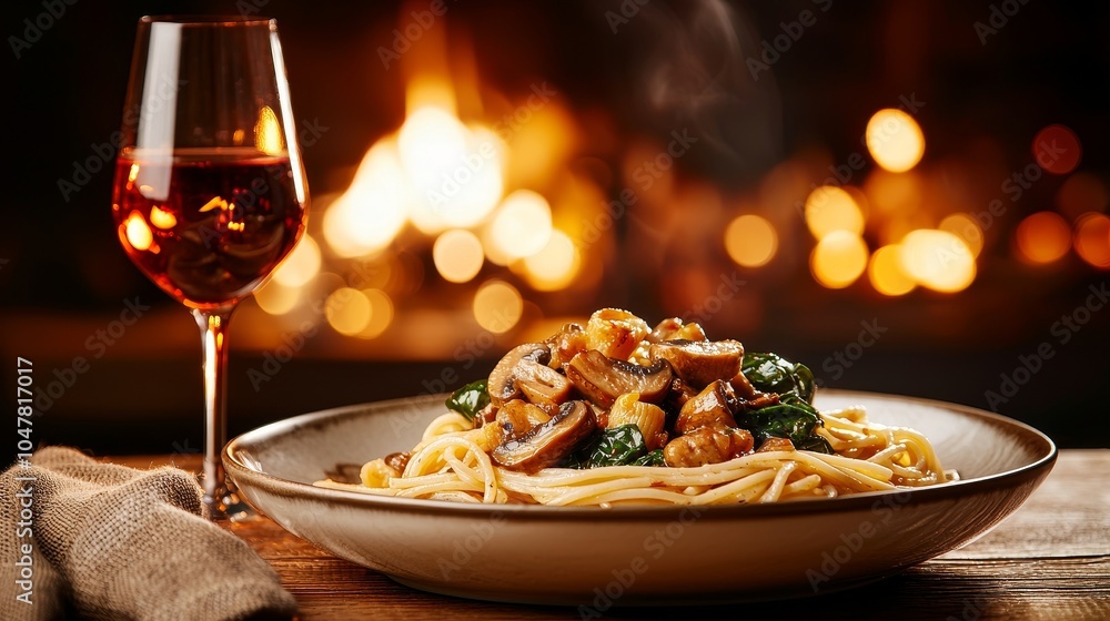 A rustic wooden table featuring a plate of pasta with mushrooms and spinach, highlighted with warm red lighting, evoking cozy, homestyle dining A rustic wooden table featuring a plate of pasta with mushrooms and spinach, highlighted with warm red lighting, evoking cozy, homestyle dining