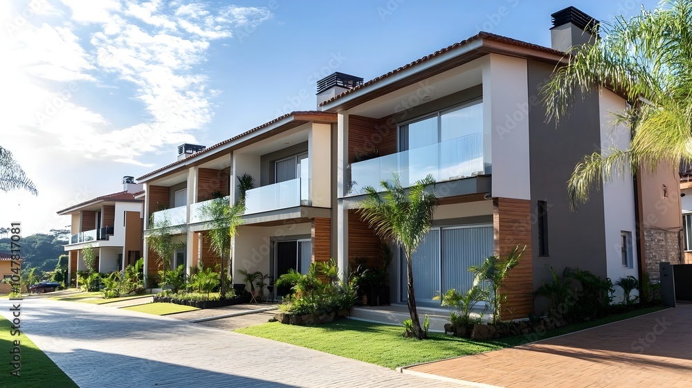 A facade depicting a modern, simple, multi-family residential building in the Brazilian architectural style.