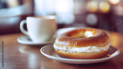 cup of coffee and bagel with cream cheese