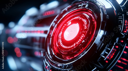 Security droid with glowing red sensor, sharp metallic exterior, chrome details, close-up shot, futuristic environment, sleek and powerful design photo