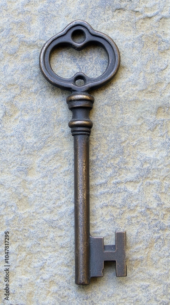 An antique brass key with a ornate design, shot against a textured stone background. An antique brass key with a ornate design, shot against a textured stone background.