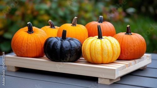 Various pumpkins including unique black and yellow ones are artistically displayed on a wooden rack, creating a striking autumn centerpiece with vibrant colors.