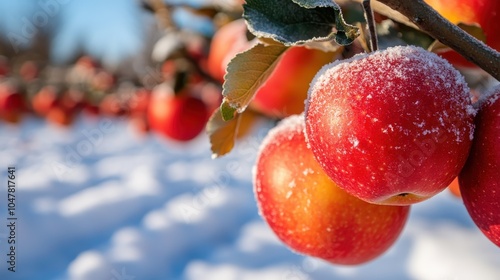 Close-up of red apples with a frosty layer on them, hanging on a branch in a snow-covered orchard, representing winter's blend of beauty and freshness. photo