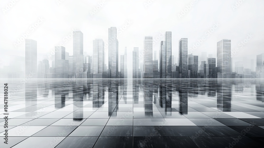 Monochrome future city with sleek architecture, reflective skyscrapers loom over a plaza with a metallic sheen, vast and endless Monochrome future city with sleek architecture, reflective skyscrapers loom over a plaza with a metallic sheen, vast and endless