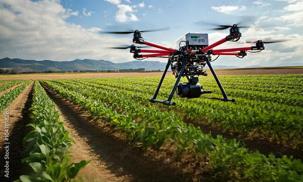 A drone flying over a green agricultural field for crop monitoring. A drone flying over a green agricultural field for crop monitoring.